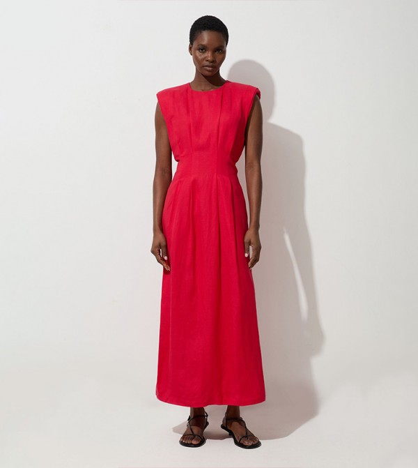 Viscose Linen Woven Pintuck Midi Dress