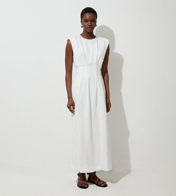 Viscose Linen Woven Pintuck Midi Dress