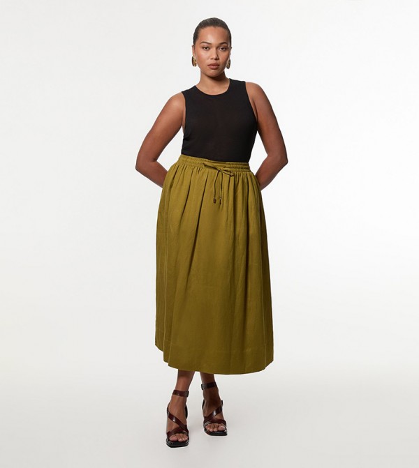 Curve Viscose Linen Tie Waist Woven Full Midi Skirt