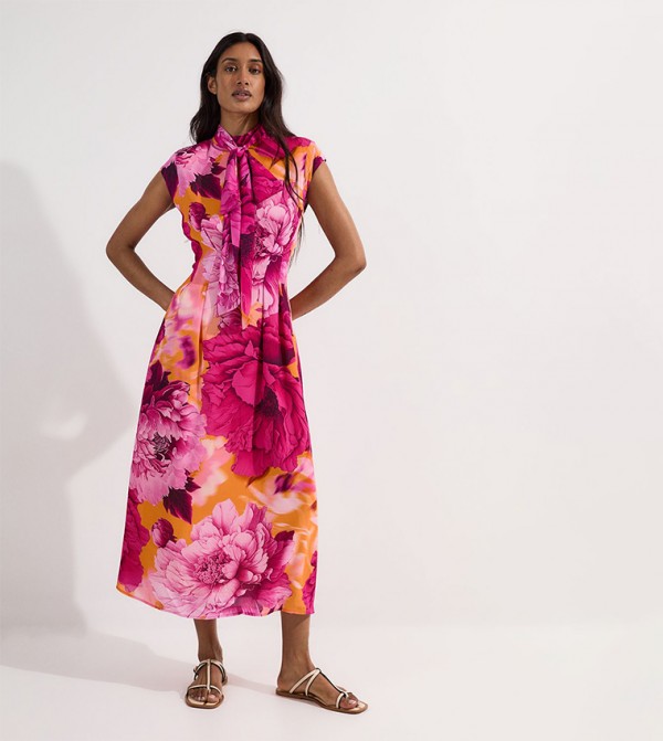 Floral Tie Neck Woven Midi Dress