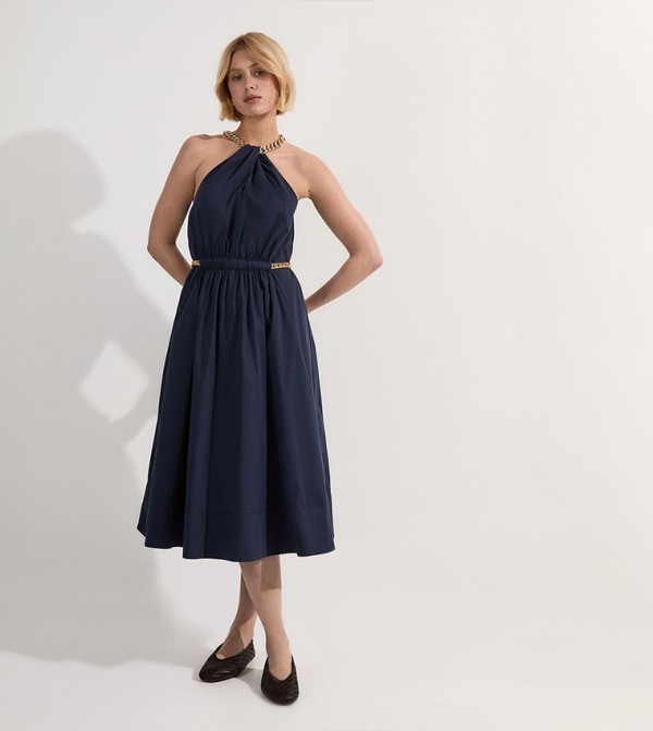 Cotton Poplin Chain Halter Neck Woven Maxi Dress