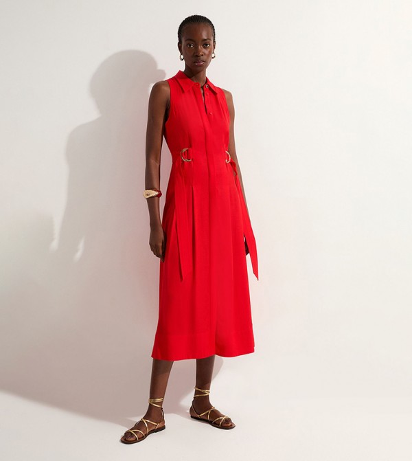 Petite Premium Viscose Linen Topstitch Halterneck Midi Dress