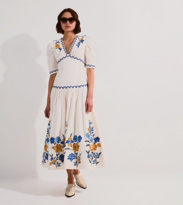 Rose Embroidered Twill Puff Sleeves Midi Dress