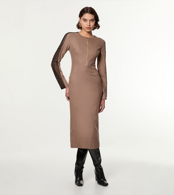 Petite Tailored Twill Lace Mix Zip Front Midi Dress