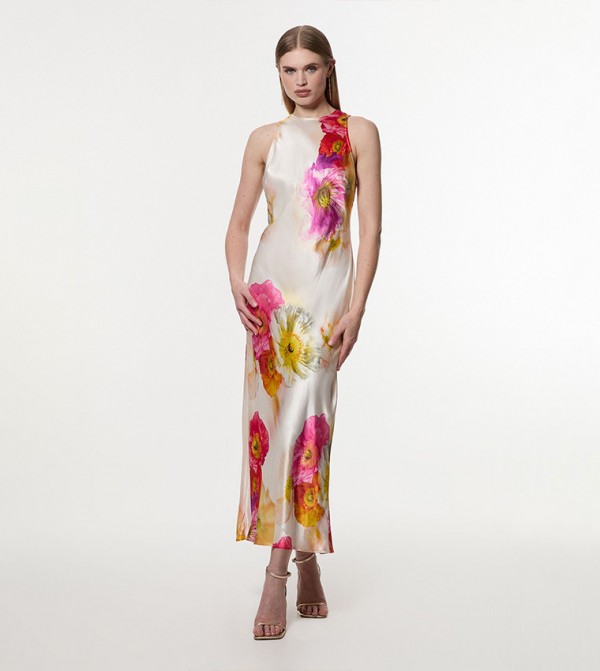 Floral Printed Satin Woven Column Maxi Dress