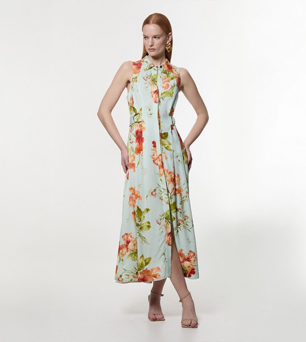 Premium Linen Floral Printed Halter Neck Midi Dress