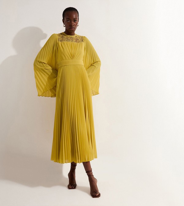 Soft Pleated Lace Detail Woven Kimono Sleeves Maxi Dress