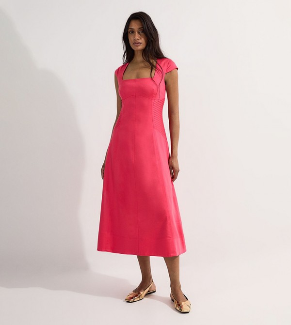 Premium Linen Pintuck Detail Full Skirted Tailored Midi Dress