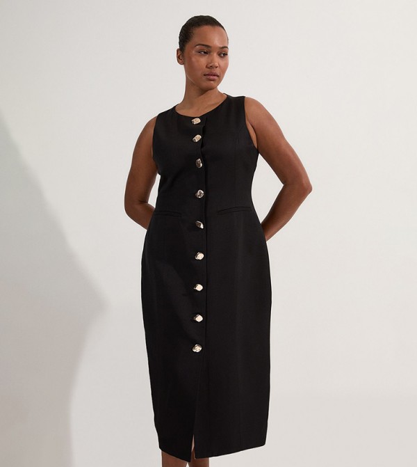 Curve Viscose Linen Tailored Statement Button Front Midi Dress