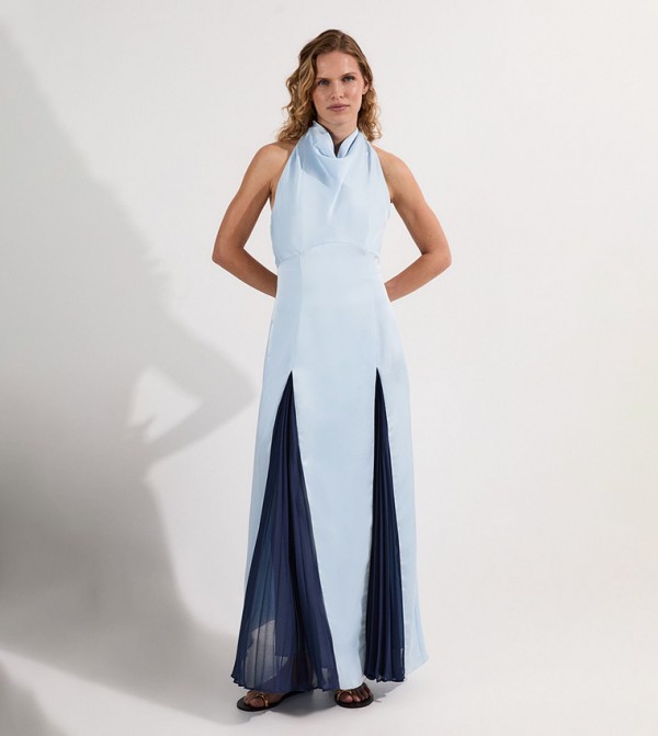 Drama Halterneck Pleat Insert Woven Maxi Dress