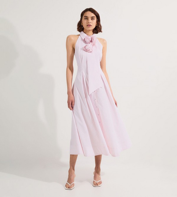 Stripe Woven Sleeveless Shirt Maxi Dress with Rosette