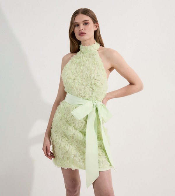 Rosette Halter Neck Woven Mini Dress with Belt