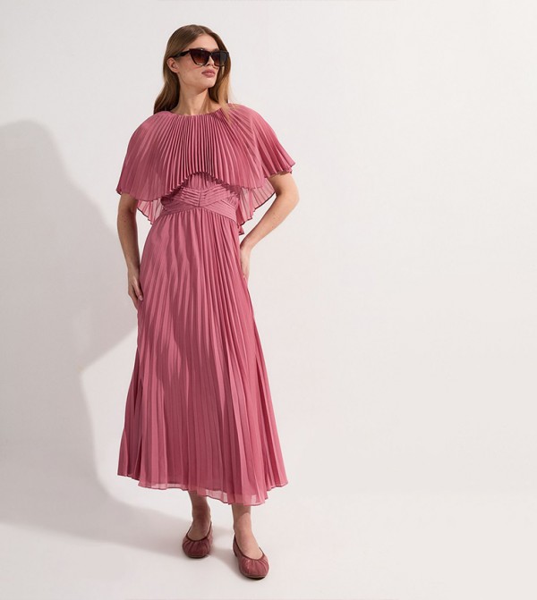 Pleated Cape Sleeves Low Back Maxi Dress