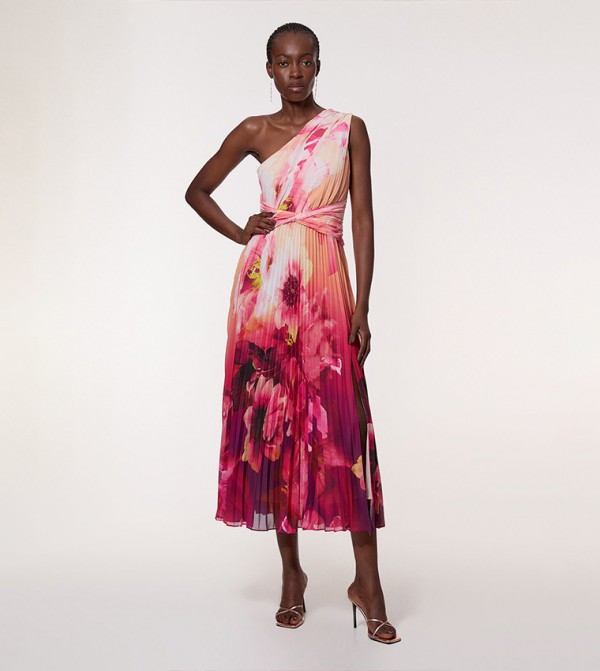 Ombre Floral Printed Soft Pleated One Shoulder Maxi Dress