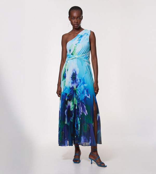Tall Ombre Floral Printed Pleated One Shoulder Maxi Dress