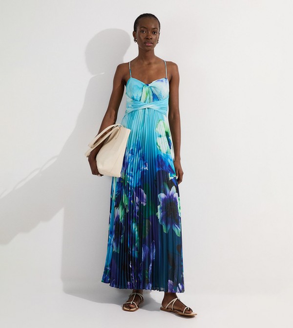 Ombre Floral Soft Pleated Woven Strappy Maxi Dress