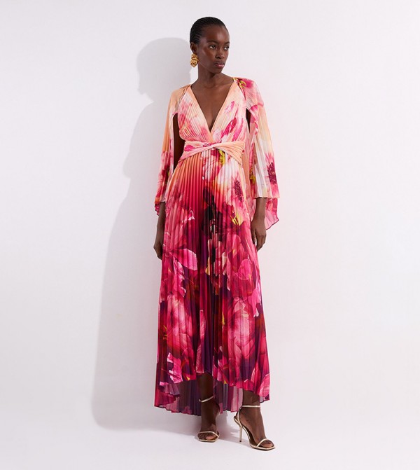 Ombre Floral Print Soft Pleated Woven Maxi