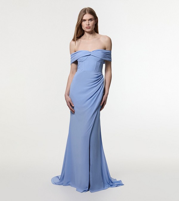 Georgette Pleated Bustier One Shoulder Woven Maxi Dress