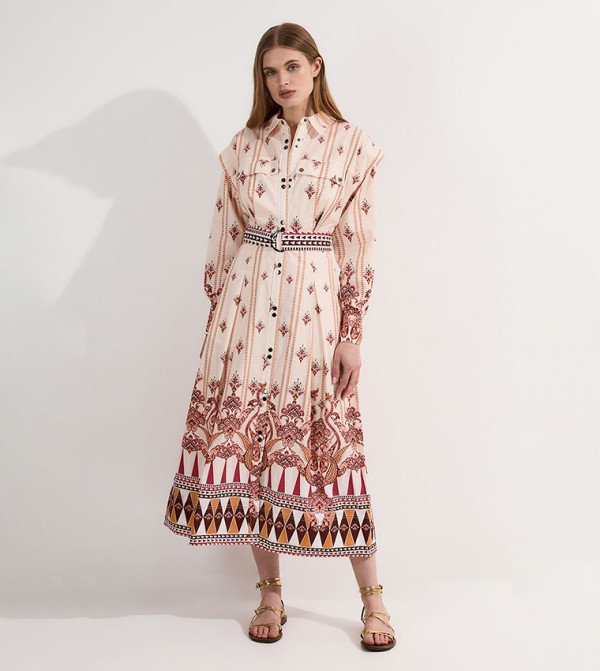 Placed Print Cotton Sateen Shirt Dress