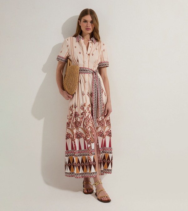 Sateen Placed Print Midi Shirt Dress