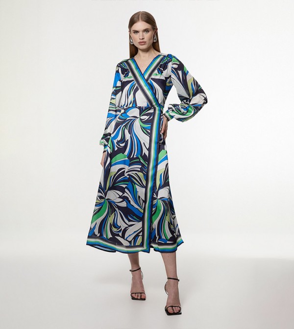 Floral Printed Woven Wrap Over Midi Dress