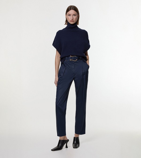 Belted Tapered Fit Woven Trousers