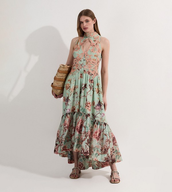 Floral Print Appliqued Lace Maxi Dress