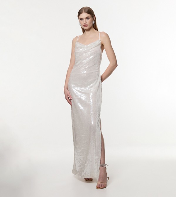 Liquid Shine Strappy Cowl Neck Woven Sequined Dress