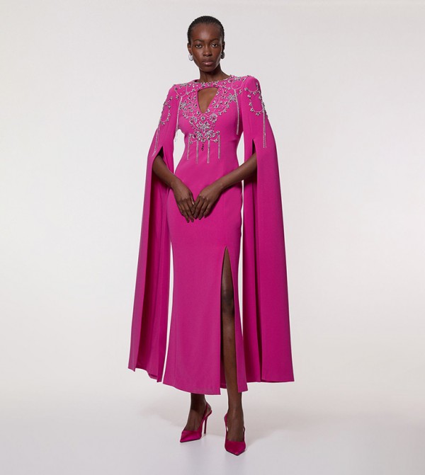 Embellished Cady Woven Cape Midi Dress