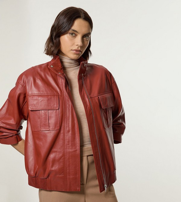 Leather Cargo Pocket Bomber Jacket