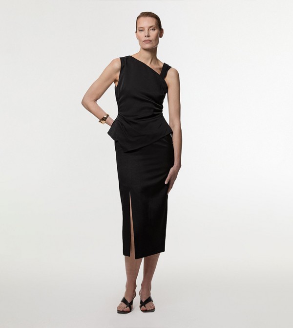 Premium Viscose Linen Asymmetric Neck Pencil Maxi Dress