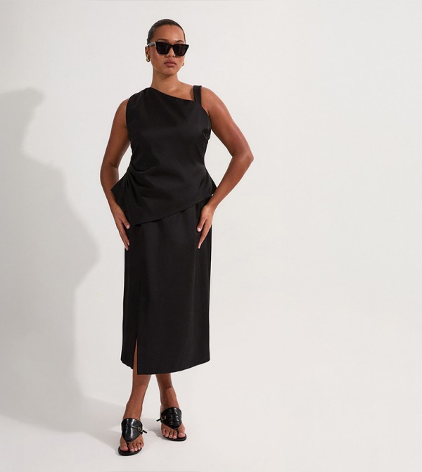 Curve Premium Linen Asymmetric Neck Pencil Maxi Dress