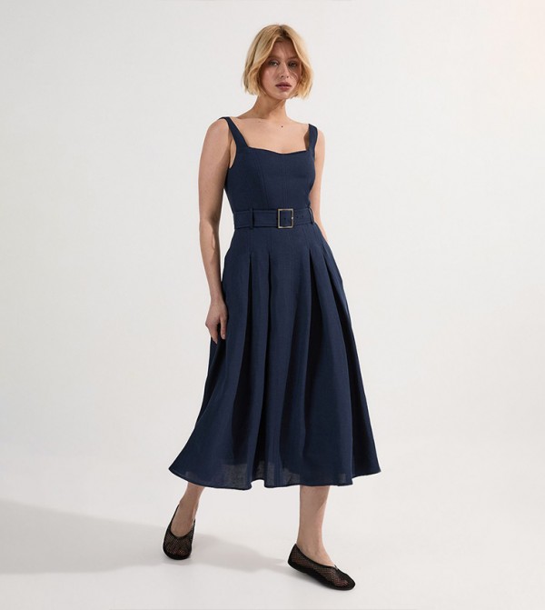 Premium Tailored Linen Belted Strappy Full Midi Dress