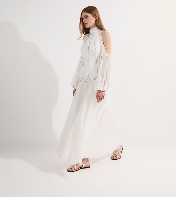 High Neck Embellished Ruched Georgette Maxi Dress