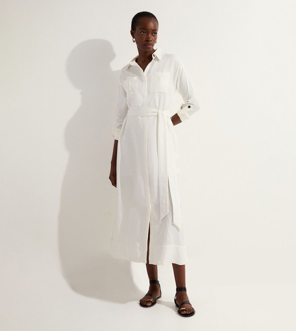 Viscose Linen Woven Belted Shirt Midi Dress