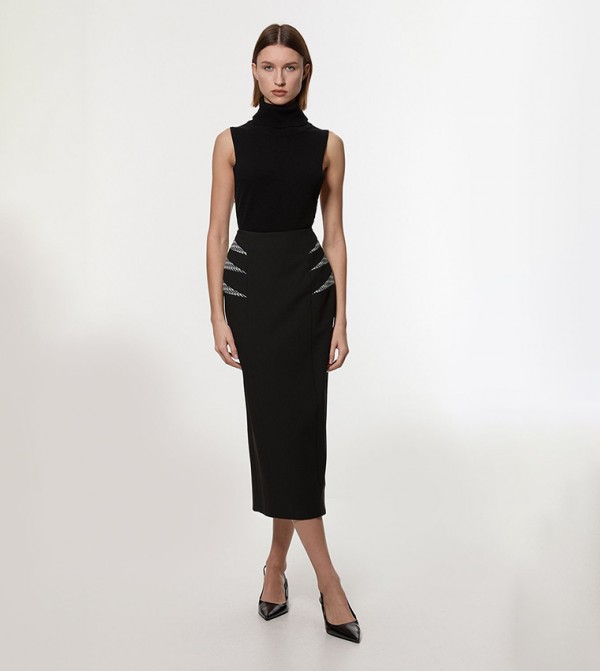 Compact Stretch Jacquard Insert Midi Pencil Skirt