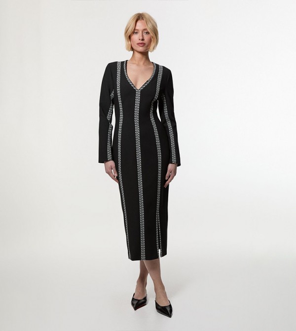 Jacquard Insert Split Front Midaxi Dress