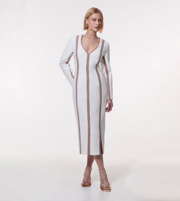 Jacquard Insert Split Front Midaxi Dress