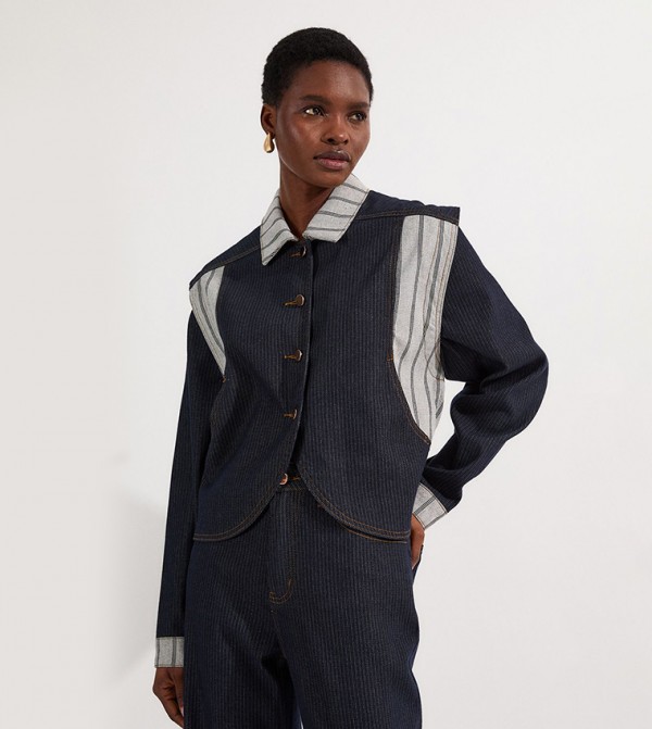 Stripe Denim Button Through Tailored Jacket
