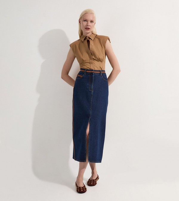 Faux Leather Tipped Side Pencil Midi Skirt