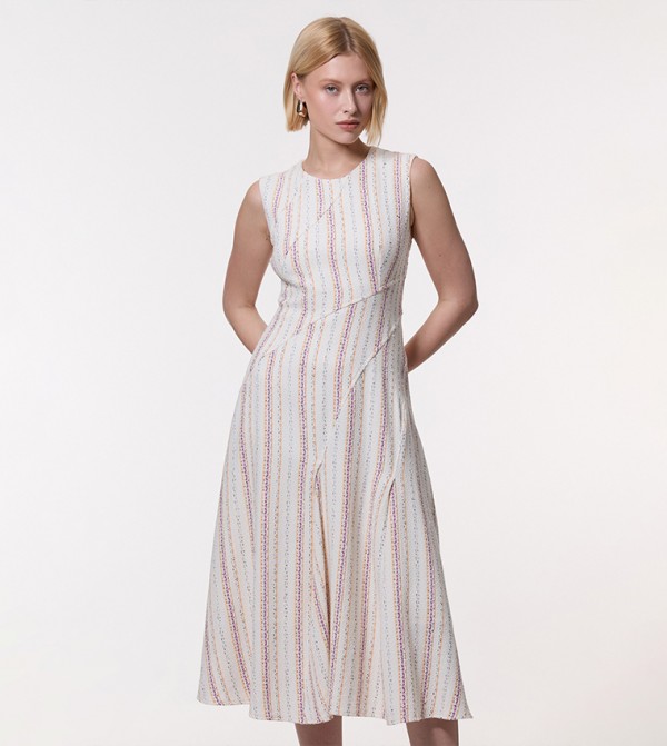 Premium Woven Striped Tailored A-Line Midi Dress