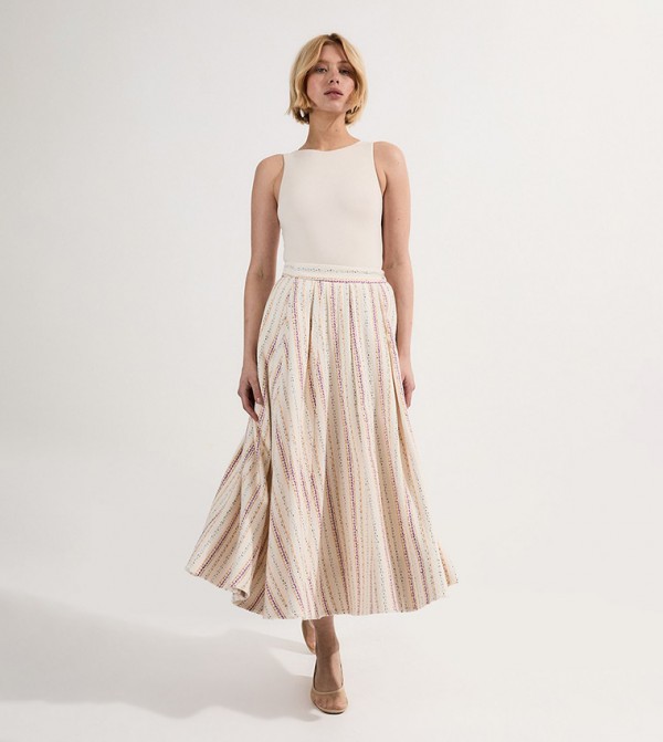 Premium Woven Stripe Tailored Pleated Midi Skirt