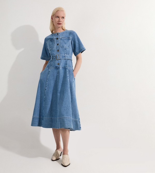 Wash Short Sleeves Belted Denim Midi Dress