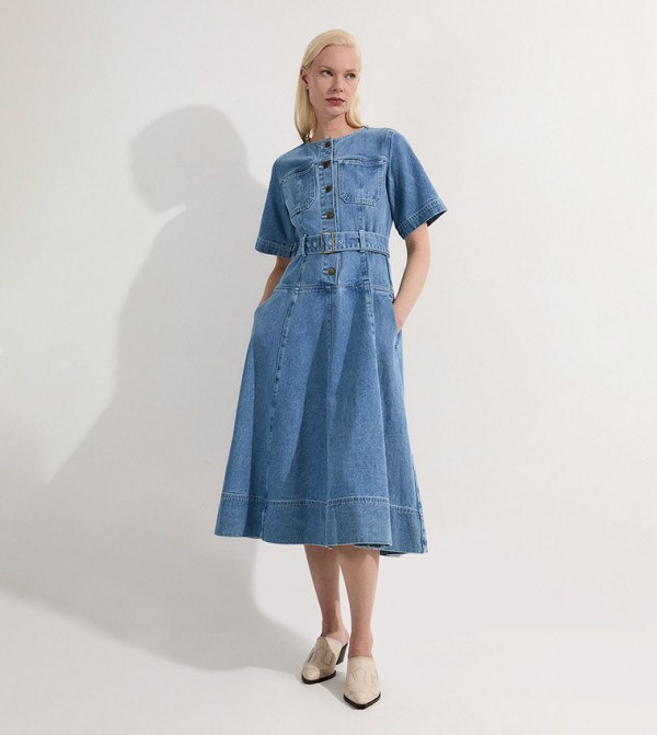 Petite Denim Soft Wash Short Sleeves Belted Midi Dress