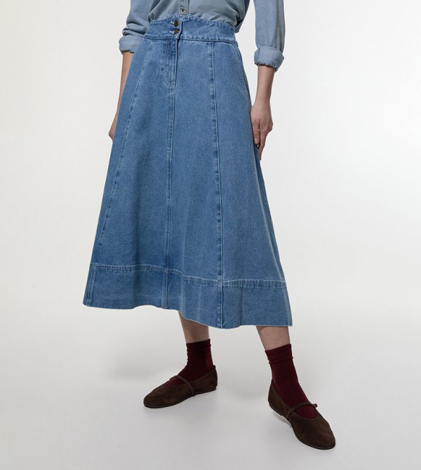Petite Denim High Waist Full Midi Skirt