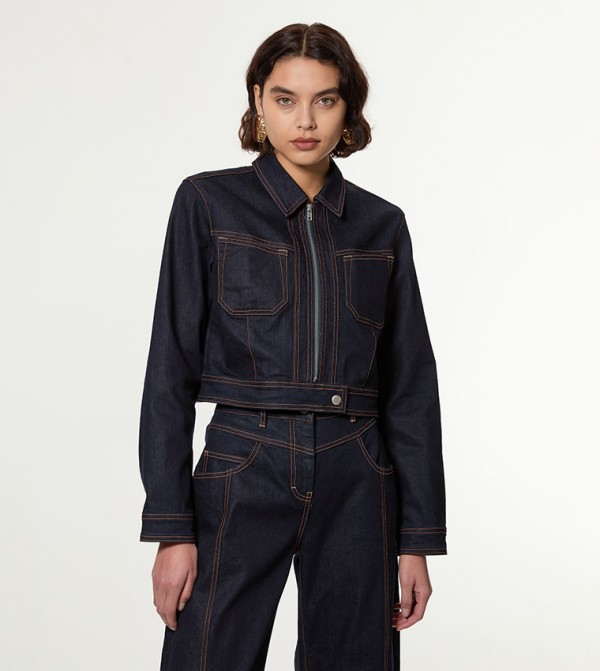 Petite Contrast Stitch Detail Zip Through Denim Jacket