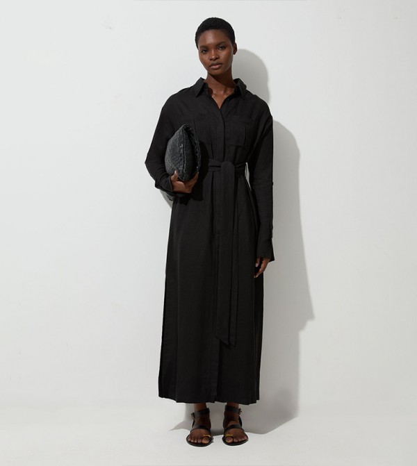Viscose Linen Woven Belted Shirt Dress