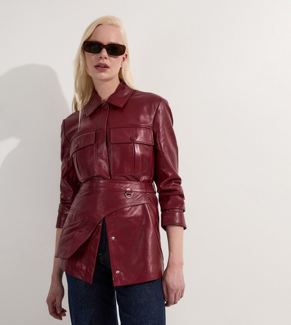 Detachable Wrap Belt Detail Leather Safari Jacket