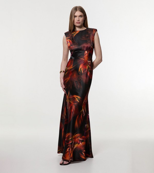 Satin Strong Shoulder Woven Maxi Dress