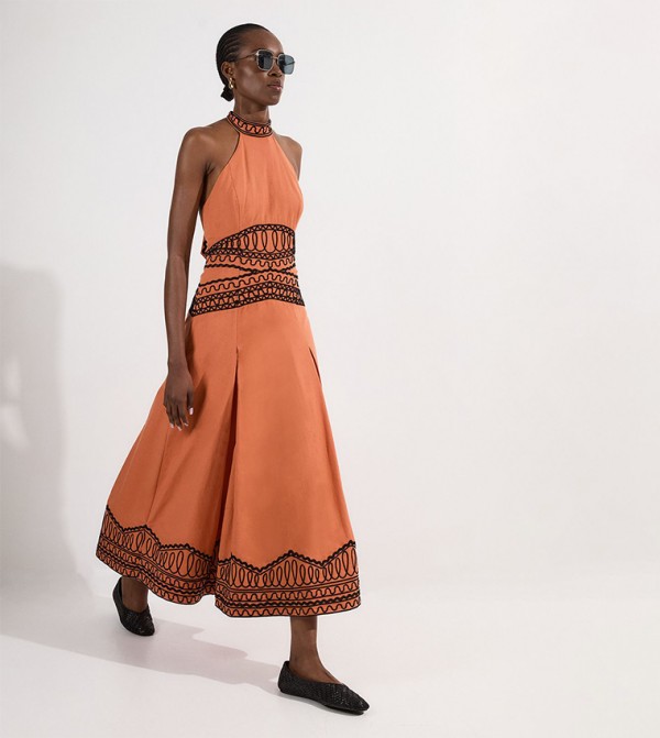 Embroidered Cotton Linen Halterneck Maxi Dress